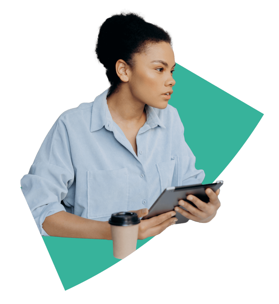 A woman with a tablet and a coffee, mid-conversation