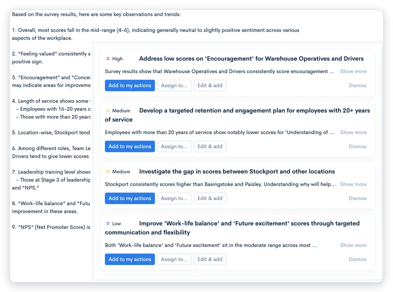 An AI summary of a demo survey in Ten Space, with prioritised suggested actions